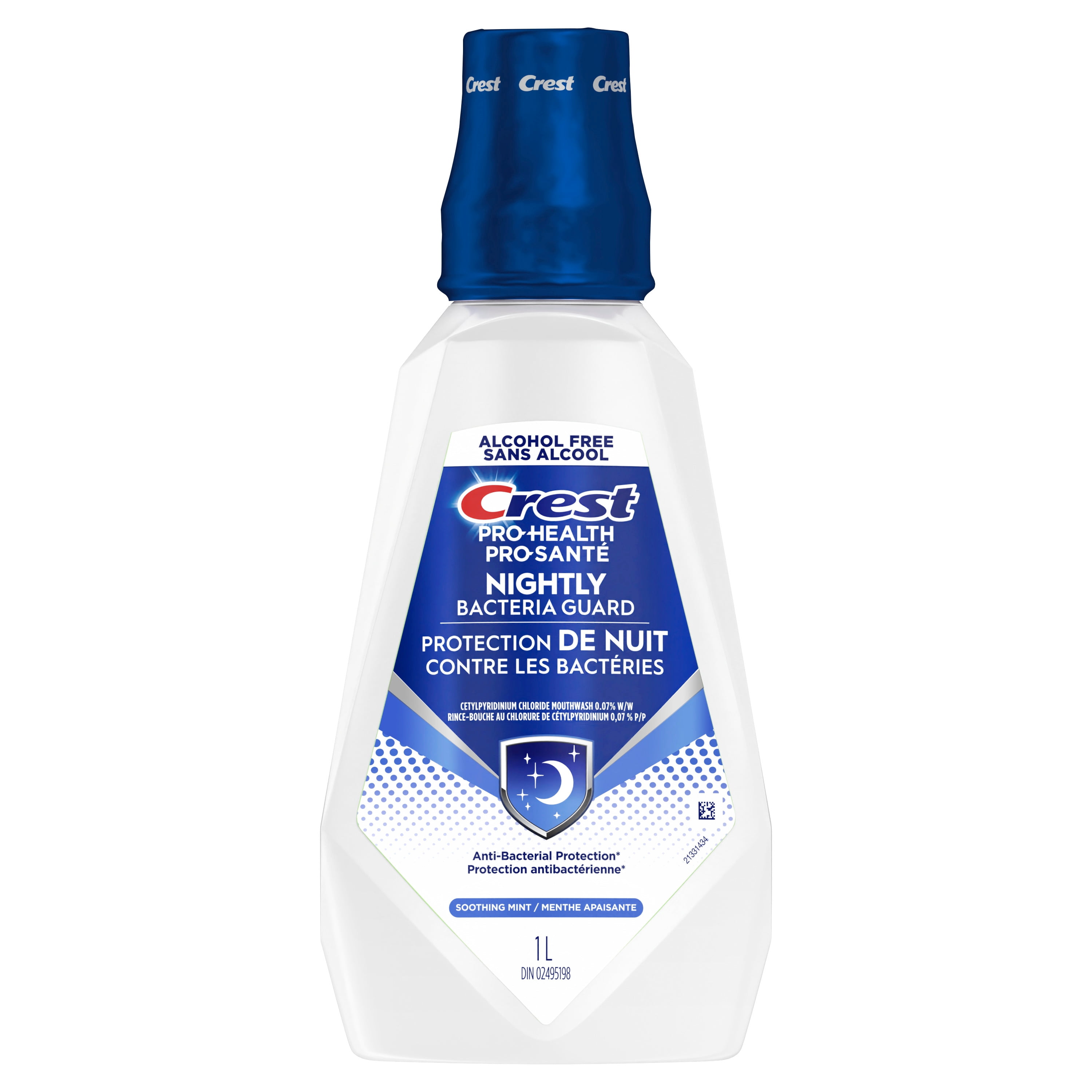 Rince-bouche Crest Pro-Santé Protection de nuit contre les bactéries, antibactérien pour une protection de nuit, sans alcool, antigingivite, antiplaque, Menthe apaisante, 1 L
