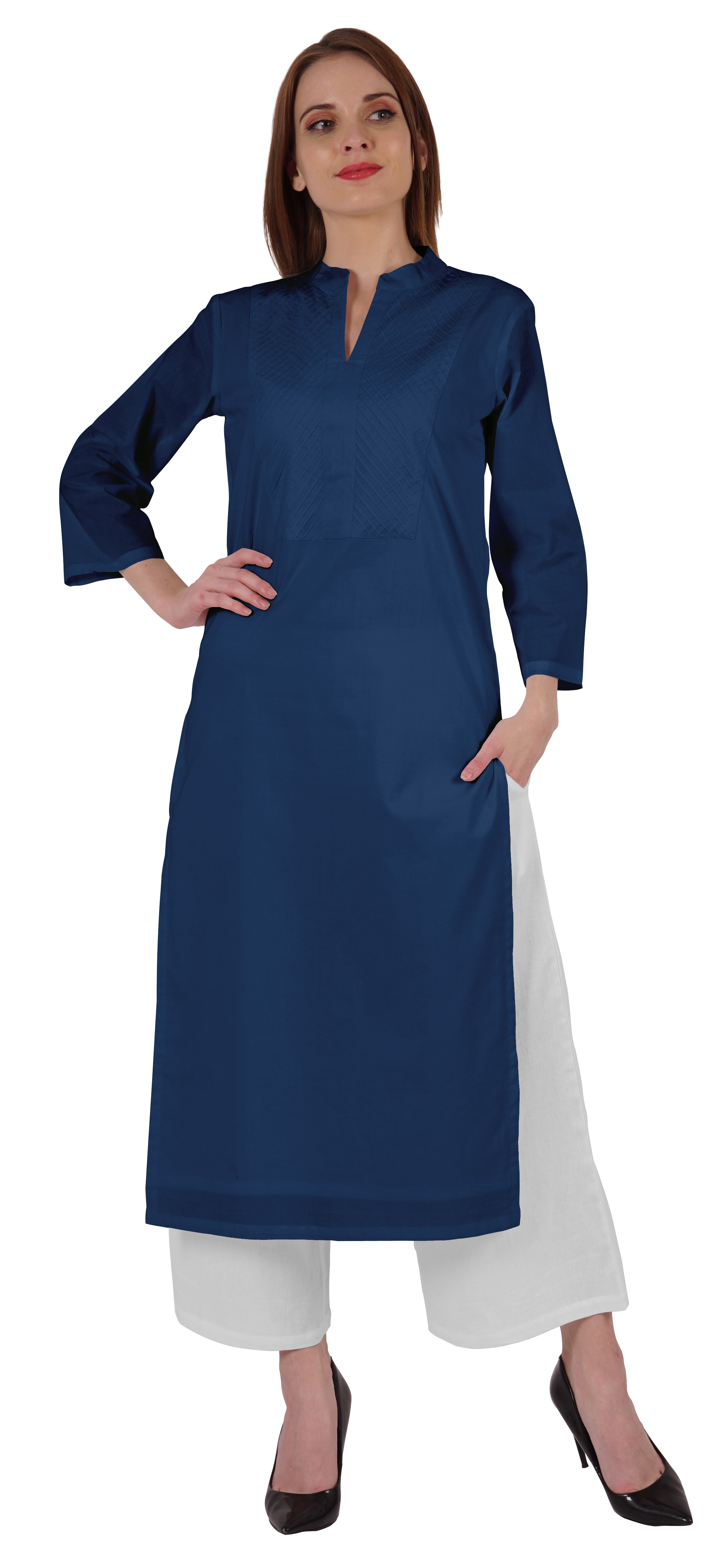 Bimba Kurta Droite Unie Ethnique Indienne pour Femmes à Col Mandarin avec Encolure Plissée en Coton
