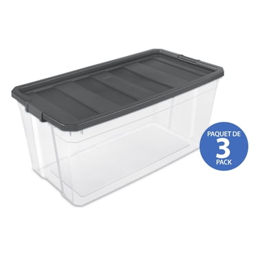 Sterilite 189 Liter Stacker Box, Large Durable Clear Plastic Storage Bin with Latch Lid, Dark Gray, 3 PK