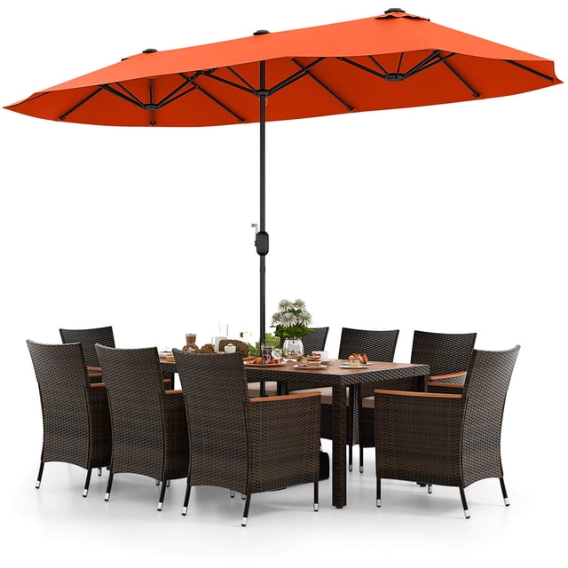Costway Ensemble de Salle à Manger d'Extérieur en Osier 9 Pcs avec Parasol Extérieur Double Face 8 Chaises Empilables Orange