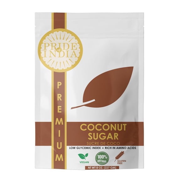 Coconut Sugar by Pride of India – Gourmet Grade & Gluten-Free – Diet-Friendly – Alternative to White Sugar – Add to Bakes/Beverages/Dishes - Available in 8 oz. Resealable Pouch for Freshness