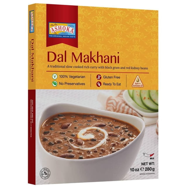 Prêt à Manger - Dal Makhani par Ashoka, un Cari Traditionnel Mijoté avec des Haricots Rouges et des Grammes Noirs dans une sauce Épaisse aux Tomates Épicées et au Beurre, Présenté dans un Bol Blanc avec un Tourbillon à la Crème, Emballé dans une Boîte Jaune Mettant en Valeur 100 % Végétarien, Sans gluten, Sans Agents de Conservation, Piquant Doux et Poids net de 280 Grammes, Convient pour le Service avec du Riz, du naan Ou des chapatis.