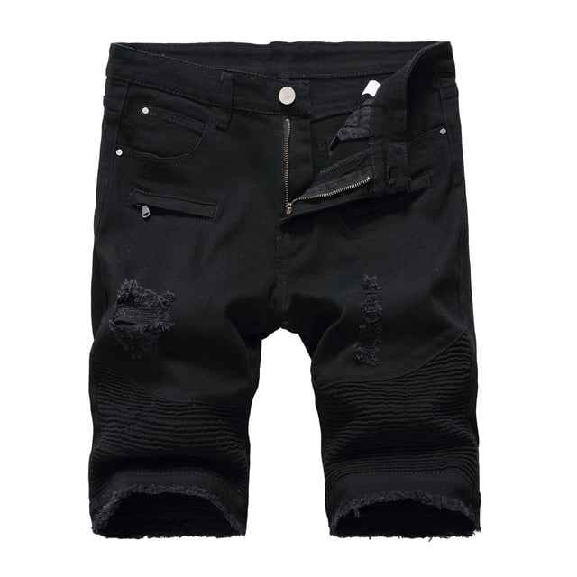 Cameland Men's Ripped Denim Trunks Stretchy Washed Jeans Trunks Cut-off Classic Fit Biker Jeans Trunks