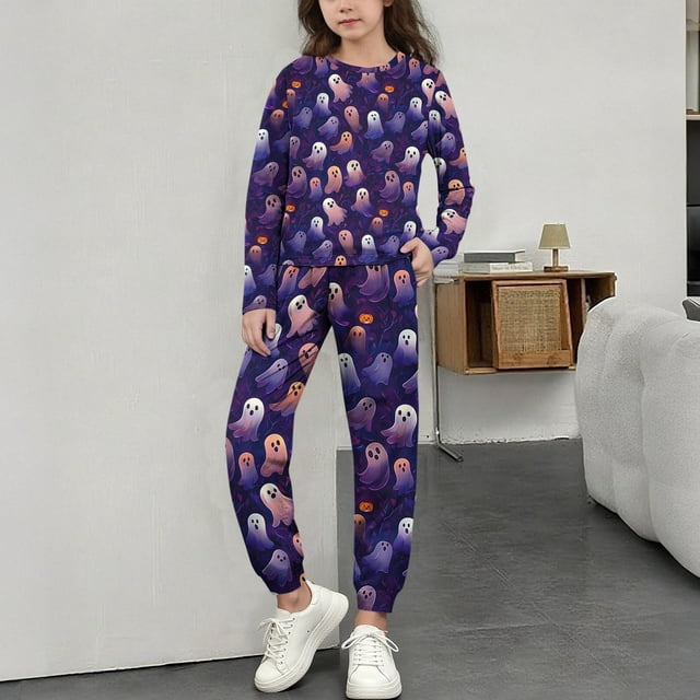 MKOSPLRT Pyjama d'Halloween pour Enfant 3-15 Ans Fantômes Citrouille Ensembles de Pyjama Chandails à Manches Longues Bas Resserré Pantalons de Jogging Pjs pour l'Automne et l'Hiver