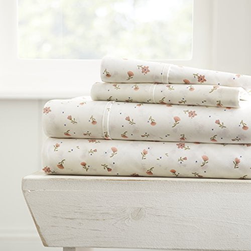 ienjoy Ensemble de Draps 4 Pcs Doux à Motif Floral, Grand Lit, Rose