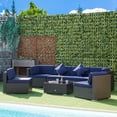 thumbnail image 2 of Outsunny 7 Piece Patio Furniture Set, PE Rattan Outdoor Conversation Set with Sectional Sofa, Glass Tabletop, Cushions and Pillows for Garden, Lawn, Deck, Dark Brown and Navy Blue, 2 of 10