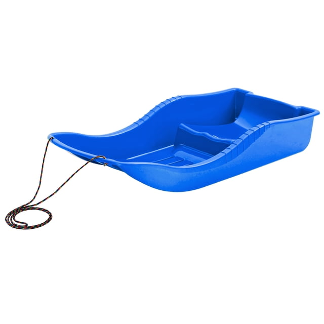 ArcticThrill Snow Sled for Kids - SnowBoat Sledge, a vibrant blue single-rider toboggan made of durable molded plastic. Features a raised seat for legroom, a smooth bottom for excellent glide on snow, and a pull rope with a handle for easy maneuvering. Measures 87 cm in length, 37 cm in width, and 15 cm in height. Suitable for toddlers and kids with a weight capacity of 50 kg. Designed for outdoor winter fun with low-temperature resistance up to -28°C.