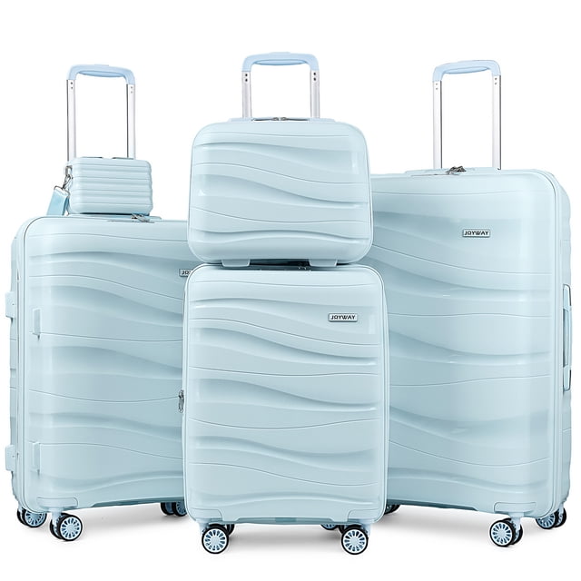 Joyway 5-piece luggage set with durable PP hardshell construction, TSA lock, and YKK zippers. Includes a 20-inch expandable carry-on, 24-inch medium suitcase, 28-inch checked luggage, 14-inch cosmetic case, and 7-inch carry-on handbag. Features wavy glossy and frosted surfaces, aluminum telescopic handles, and 360-degree silent spinner wheels, ideal for travel, school, and business trips.