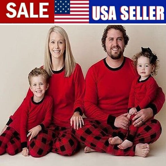 Matching Family Pajamas Sets Christmas PJ's Red Long Sleeve Tee and Plaid Pants Loungewear