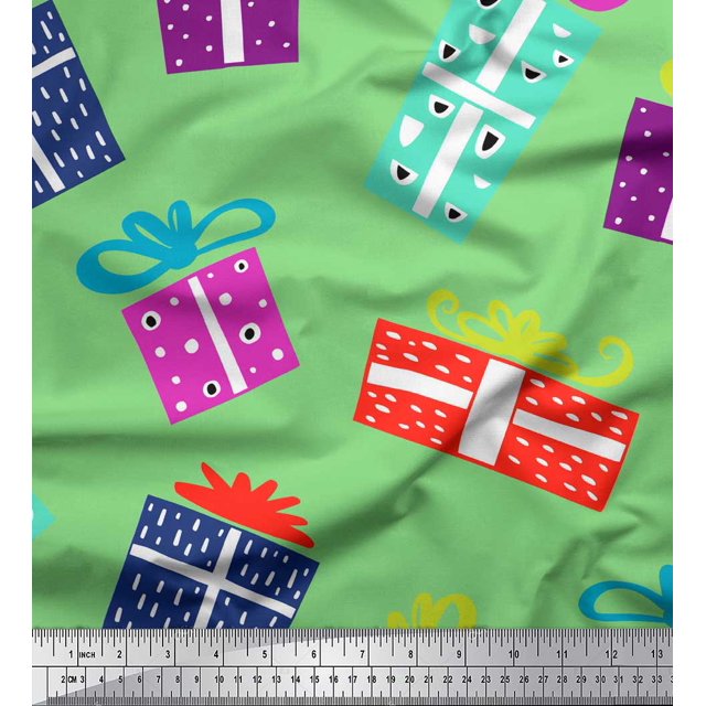 Soimoi Green Silk Fabric Gift Box Party Print Fabric by the Yard 42 Inch Wide