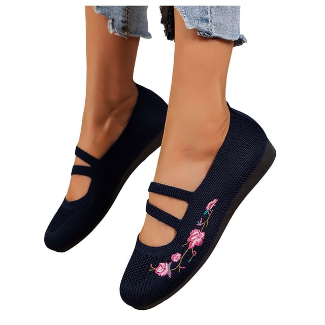 Womens Ballet Flats Comfortable Flower Embroidered Dress Shoes Round Toe Slip on Ballerina Walking Low Wedges