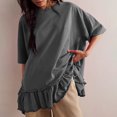 thumbnail image 2 of AherBiu Womens Summer Tops Casual Short Sleeve Drop Shoulder Crewneck Comfy T Shirts Loose Ruffle Patchwork Tops, 2 of 7