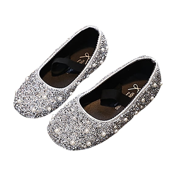 New Kids Girls Dress Shoes Flat Slip on Elastic Pearl Sequins Glitter Soft Sole Non Slip Comfortable Breathable Ballet Performance Wedding Party Casual Mary Jane Princess Shoes Silver