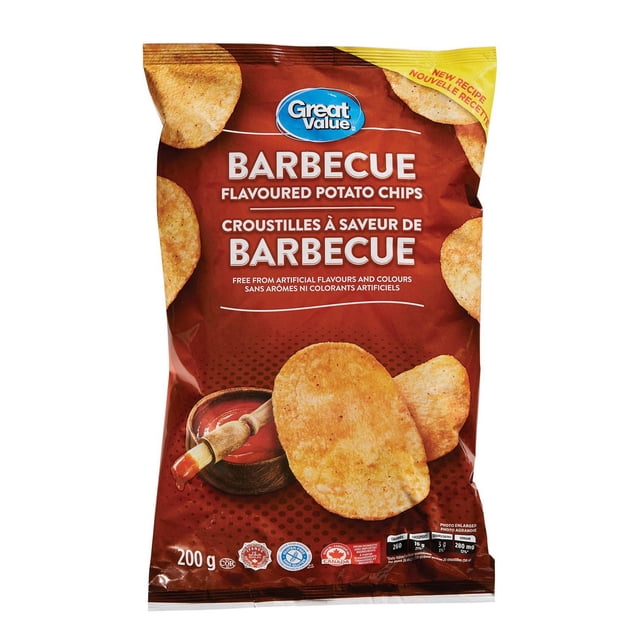 Great Value Barbecue Flavoured Potato Chips 200 g bag with red and yellow packaging featuring large barbecue-seasoned potato chips and a wooden brush dipped in barbecue sauce, gluten free and free from artificial flavours, suitable for snacking or sharing at gatherings in Canada.