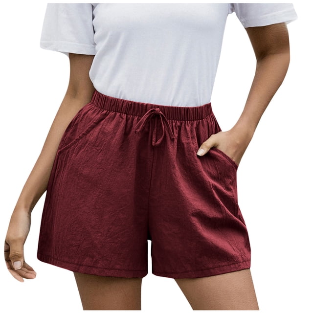 Timegard Cotton Linen Shorts for Women Elastic Waisted Drawstring Wide Leg Lounge Shorts with Pocket