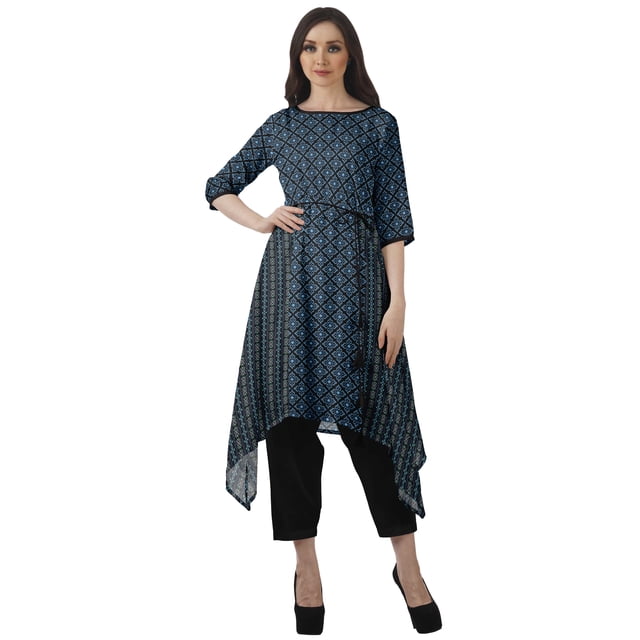 Moomaya Asymmetric Kurti With Pant Indian Tunic Tops Printed Kurti Set For Women