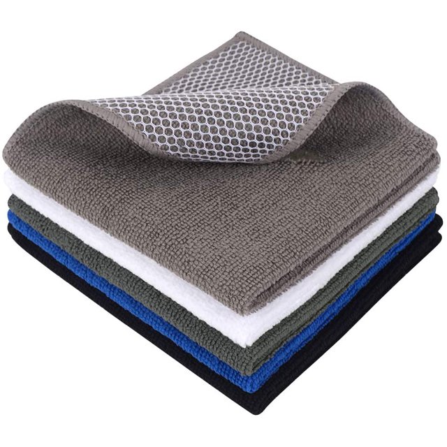 GFDYREE Microfiber Dish Cloth Best Kitchen Cloths Cleaning Cloths with Poly Scour Side Assorted Dark Colors 5Pack 12Inch x 12Inch. A set of five microfiber cleaning cloths in dark colors, including gray, white, blue, green, and black. Each cloth features a soft, lint-free texture with a poly scour side for effective cleaning. Suitable for cleaning glass, wood, stone, cars, stainless steel, and electronics. Reusable and machine washable.