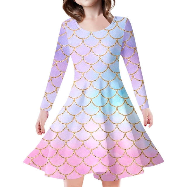 MIASHUI Robe Sirène Filles Enfants Manches Longues Scintillante Robes de Vacances, Rose, 8-9 Ans