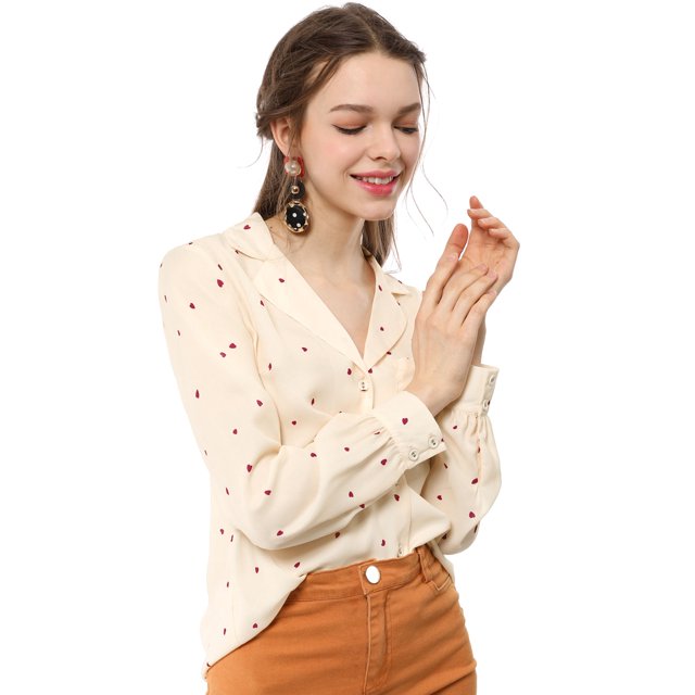 INSPIRE CHIC Women's Heart Polka Dots Button Up V Neck Long Sleeve Shirts