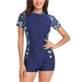 thumbnail image 1 of Women's Zipper One Piece Rash Guard Boyleg Swimwear Short Sleeve Swimsuit UPF 50+, 1 of 5