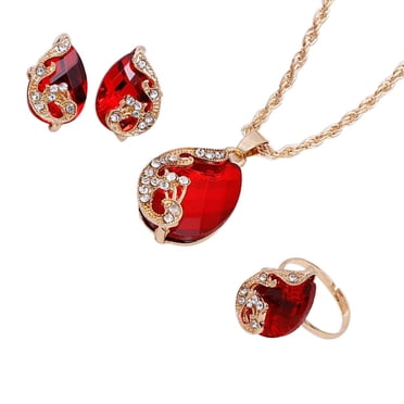 braveheart Collier Vintage en Strass Boucles d'Oreilles Bague Bijoux Collier Boucles d'Oreilles Bague Ensembles de Bijoux Ensembles braveheart Pendentif Goutte d'Eau ystal, Rouge