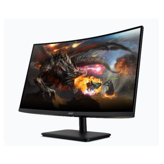 Acer 27" FHD Curved 165Hz ED Series Monitor ED270R Sbiipx showing a curved 27-inch Full HD 1920x1080 display with a slim black bezel and stand, featuring AMD FreeSync and 165 Hz refresh rate, displaying a fantasy game scene with a fire-breathing dragon and spell-casting characters.