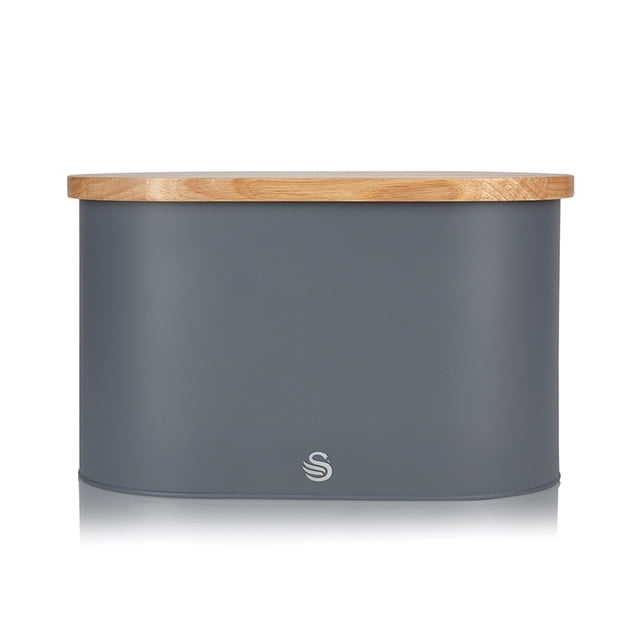 Swan Nordic Bac à Pain avec Planche à Découper Gris, Doté d'Un Corps en Acier au Carbone durable avec une Finition au Toucher Doux et un Couvercle en Bambou Qui Fait Aussi Office de Planche à Découper. le design Minimaliste d'Inspiration Scandinave Offre une Grande Capacité de Rangement de 13,6 Pouces de long, 6,5 Pouces de Profondeur et 7,3 Pouces de Hauteur, Idéal pour Garder le Pain, les Gâteaux et les Pâtisseries Frais.