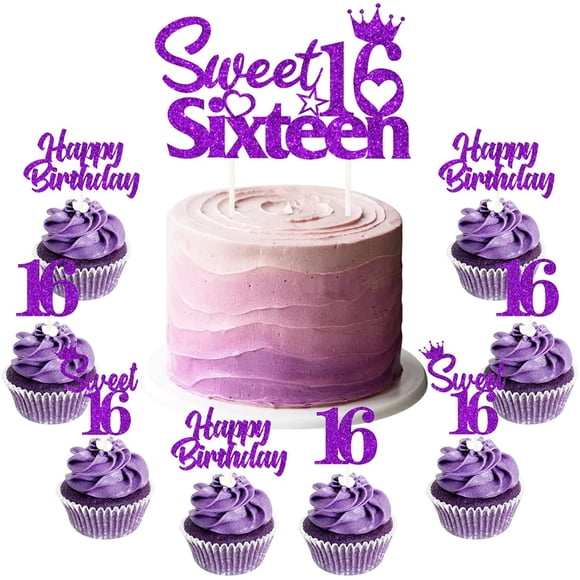 Lot de 25 Décorations de Gâteau 16e Anniversaire, Cake Topper Sweet 16 Sixteen, Happy Birthday Sweet 16 Cake Toppers Violet pour Garçons Filles Fournitures de Fête Happy 16e Anniversaire