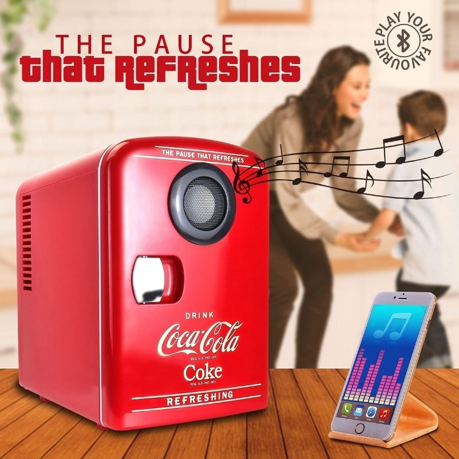 Coca-Cola Mini réfrigérateur portable 6 canettes, haut-parleur Bluetooth, refroidisseur/réchaud 4 L, rouge