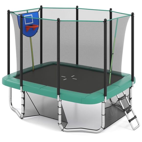 Gymax 10 x 8 FT Heavy-Duty Trampoline w/Basketball Hoop Soccer Goal Non-Slip Ladder Green