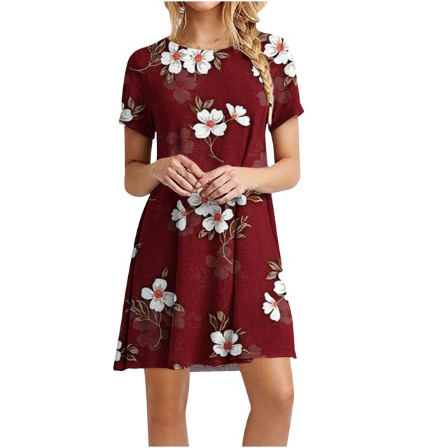 Birdeem Womens Casual Color-Blocking Printed Short-Sleeved Round-Neck Dress