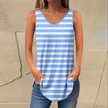 Débardeurs pour Femmes Zeophrasy Mode Débardeur Décontracté Sans Manches à Imprimé pour Femmes Blouse à Col en V pour Dames Excellent Cadeau à Petit Prix Bleu Pâle TG