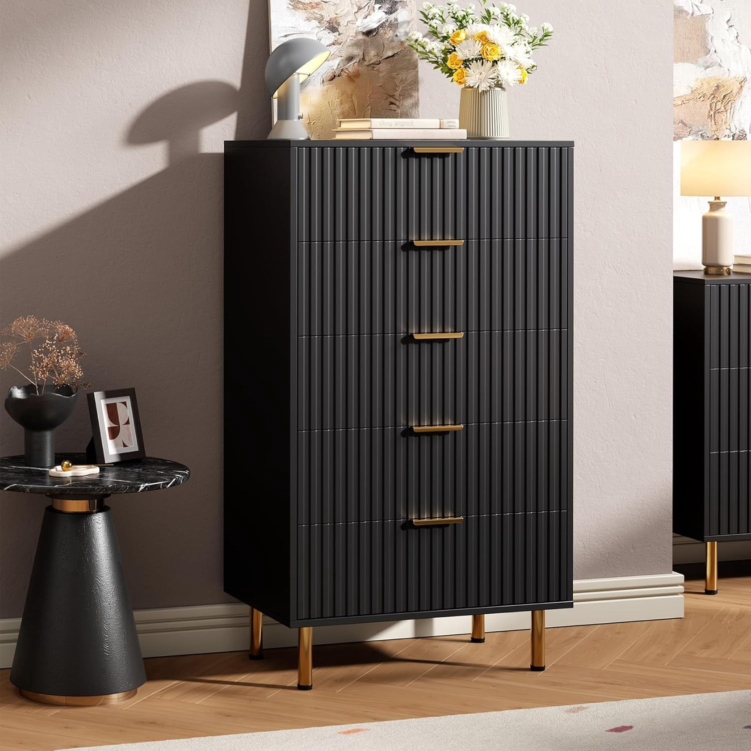 5 Drawer Dresser for Bedroom, 48 in Tall Modern Chest of Drawers with Deep Drawers and Wide Top, Fluted Wooden Dresser Organizer for Living Room, Hallway, Kids Room, Black