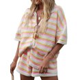 thumbnail image 1 of FOCUSNORM Women Pajamas Set 2 Pieces Loungewear Suits Stripe Contrast Color Button Crochet Knit Tops and Shorts Lounge Sets, 1 of 9