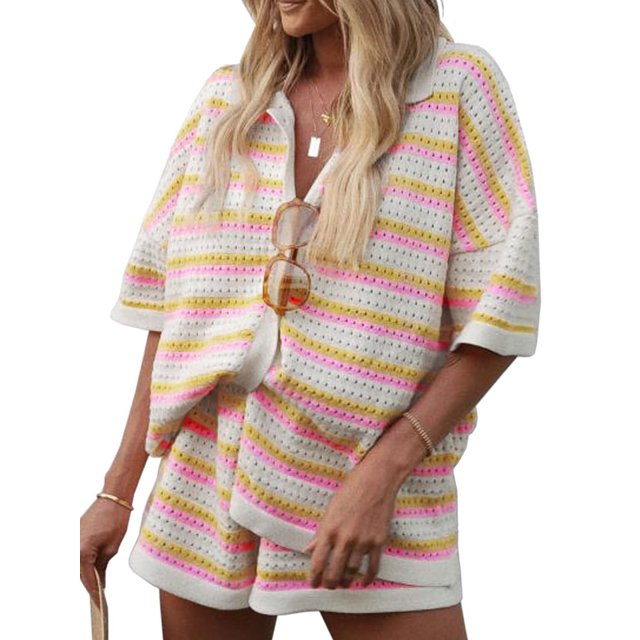 FOCUSNORM Women Pajamas Set 2 Pieces Loungewear Suits Stripe Contrast Color Button Crochet Knit Tops and Shorts Lounge Sets