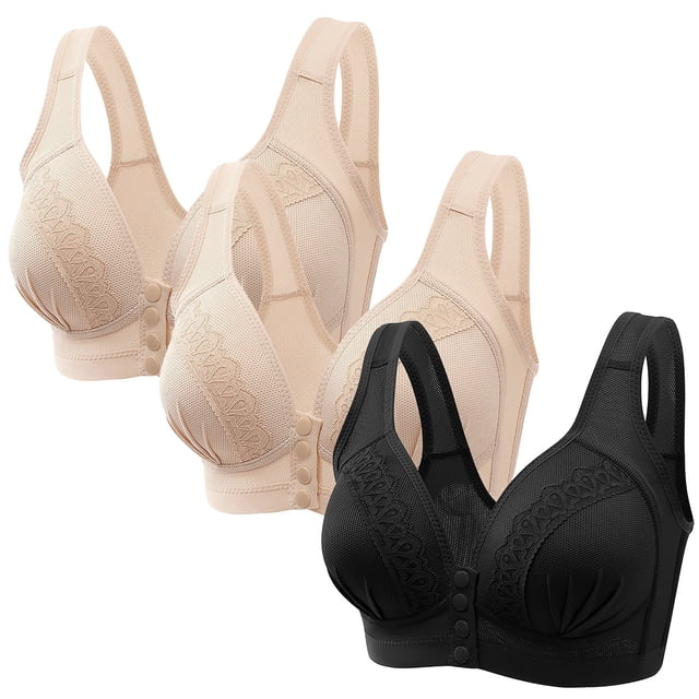 Full-Coverages Bra Clearance 3pc Ladies Comfortable Convenient Front Button Bra Breathable Easy Close Everyday Bra Plus Size Seamless Bralettes Bras with No Padding New Black L