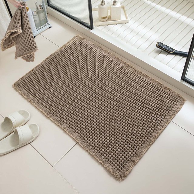 Waffle Bath Runner, Upgraded Waffle Runner Rug, Non Slip Washable Drying Boho Bathroom Bath Mat with Tassels for Hallway Shower Entry Farmhouse Home Decor, Double-Sided Use (Brown, 17*24in)