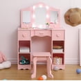thumbnail image 1 of 2-in-1 Girls Vanity Table with LED Lights & Stool, Wooden Princess Dressing Desk with Tri-Fold Mirror and Storage Drawer, 1 of 7
