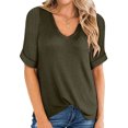 thumbnail image 1 of Women Waffle V Neck Rolled Short Sleeve Plain Knitwear Top, 1 of 3