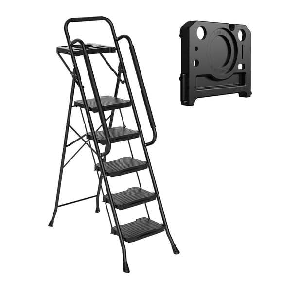 edx 5-Step Folding Step Stool for Adults - 330 Lbs Capacity, Sturdy Steel Frame, Wide Non-Slip Pedal & Top Handrail, Lightweight Portable Ladder for Home Kitchen, Black