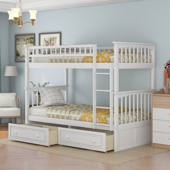 Euroco Twin Wood Bunk Bed with Drawers for kids Bedroom, White