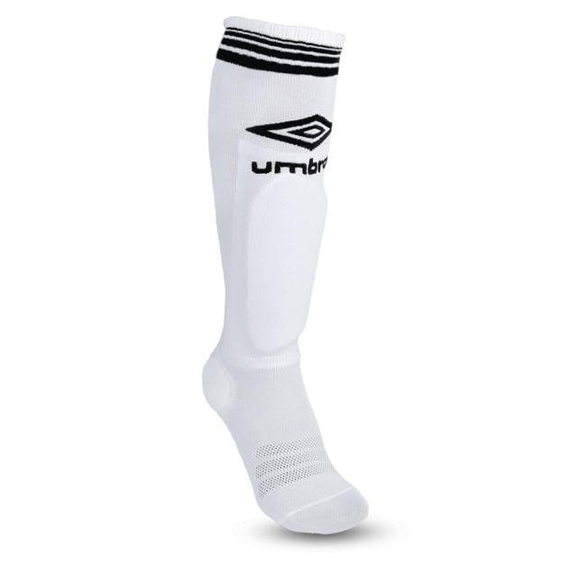 Umbro Soccer Chaussettes avec Shinguards Junior en Blanc avec Rayures Noires en Haut, avec Rembourrage Intégré pour Protège-Tibia, Tissu Qui Évacue l'Humidité, Maille Respirante au Pied, Bout Sans Couture et Soutien de la Voûte Plantaire pour Jeunes Joueurs de Soccer, Convenant à un Jeu Prolongé et à une protection.