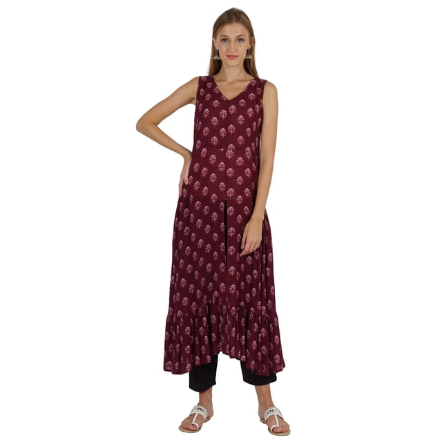 Phagun Kurti Évasé Imprimé Indo Western pour Femmes Sans Manches Tenue Traditionnelle Indienne