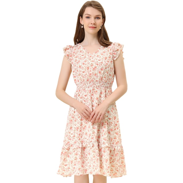 INSPIRE CHIC Robe Fleurie pour Femme à Manches Volantées, Col en V, Taille Smockée, Volants