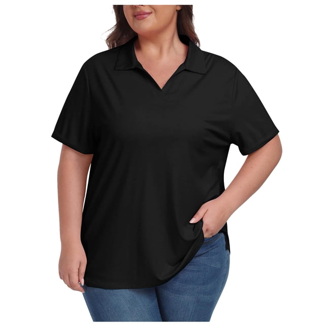 Timegard Hauts pour Femmes Grande Taille Col à Revers Col en V Manches Courtes T-Shirts Basiques Confortables Hauts Décontractés Amples