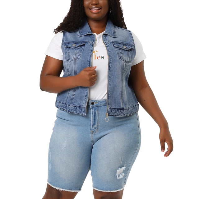 GRACE & GRANDEUR Veste Sans Manches en Denim Style Camionneur à Fermeture Éclair devant pour Femme Grande Taille