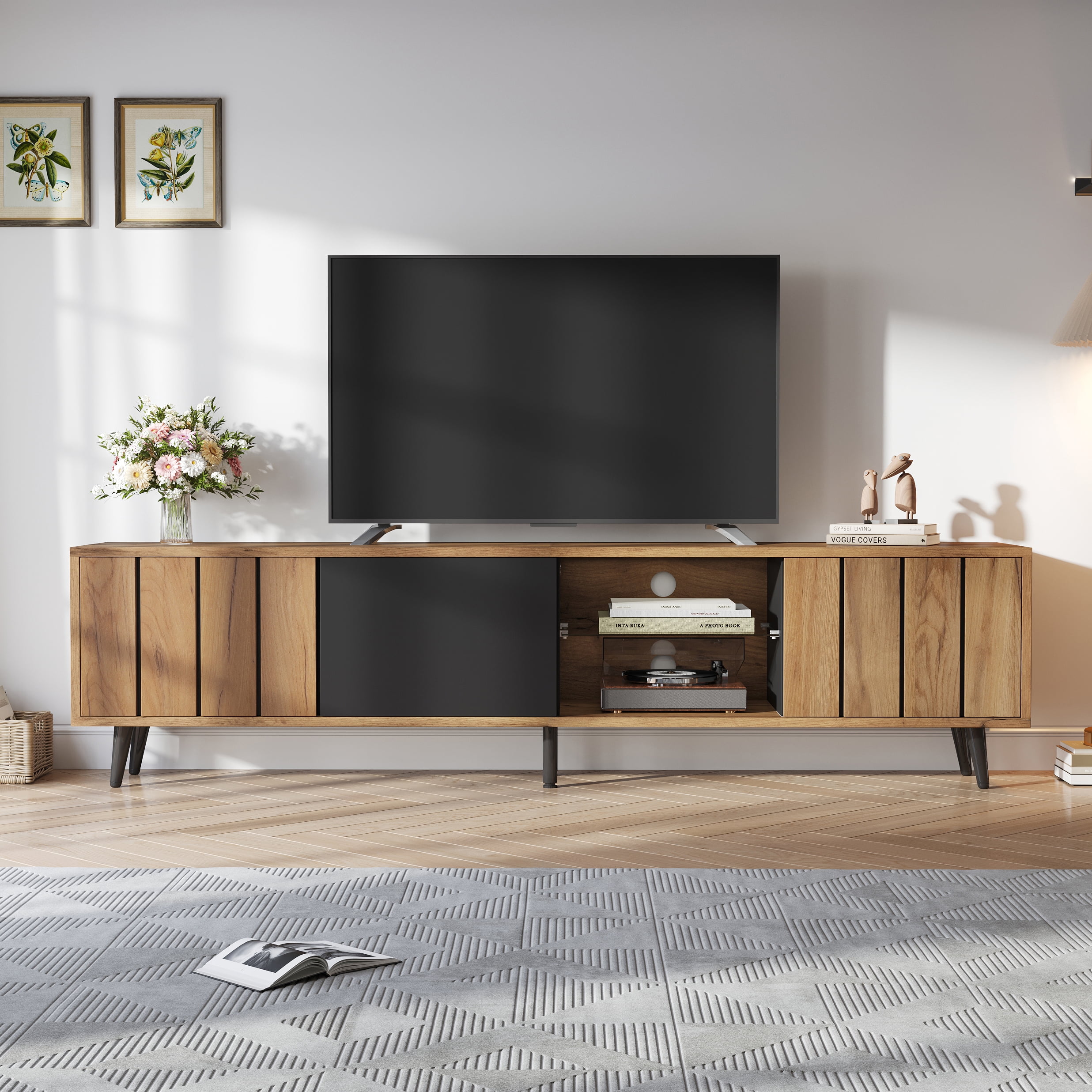 Homy Casa 65" TV Stand, Modern Media Console with Doors, Tempered Glass Shelf, Cable Holes, Natural Wood Black