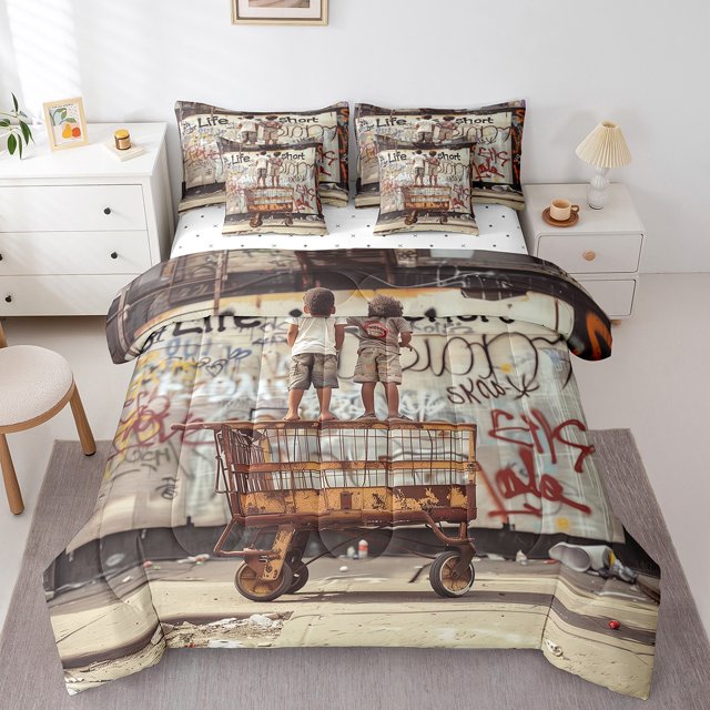 YST Ensemble de Douillette 7 Pcs pour Lit Simple avec Draps, Ensemble de Literie Noir pour Garçons pour Enfants Culture Graffiti de Rue, Lit en Sac en Polyester