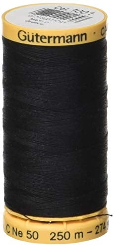 GÜTERMANN Cotton 50wt Thread, 250 m (273.4 yd), Black, Strong & Lustrous for Sewing