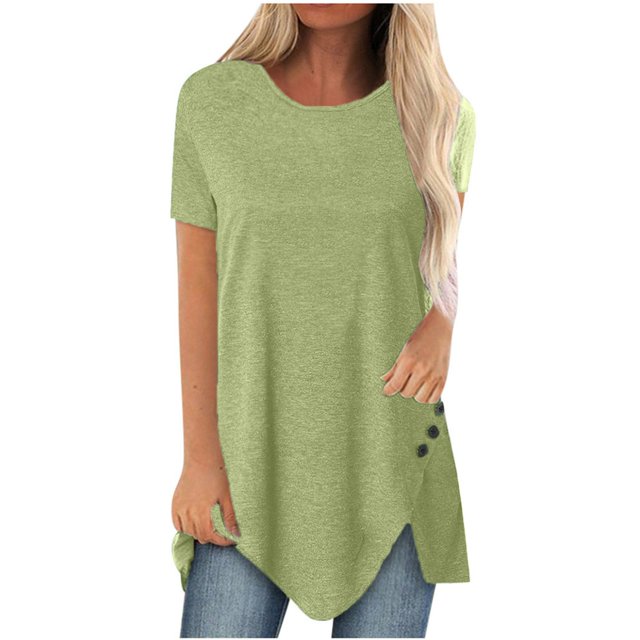 Women Plus Size Tops Women Plus Size Button Solid Round Neck Short Sleeve Irregular T-shirt Blouse Tops